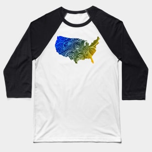 Colorful mandala art map of the United States of America in high contrast dark blue and dark yellow Baseball T-Shirt